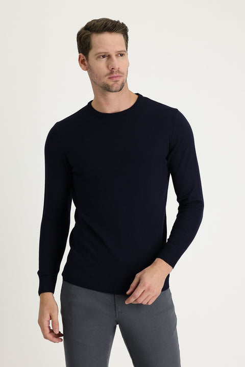 Koyu Lacivert Bisiklet Yaka Regular Fit Triko Kazak