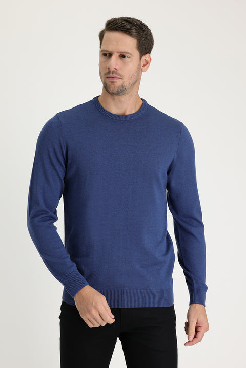 İndigo Melanj Bisiklet Yaka Regular Fit Triko Kazak