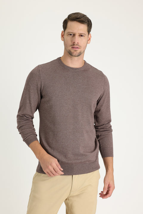 Açık Kahve Melanj Bisiklet Yaka Regular Fit Triko Kazak