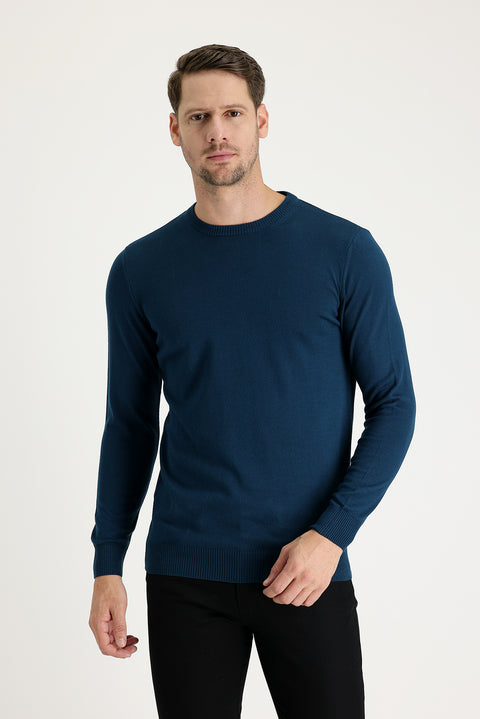 Orta Petrol Bisiklet Yaka Regular Fit Triko Kazak