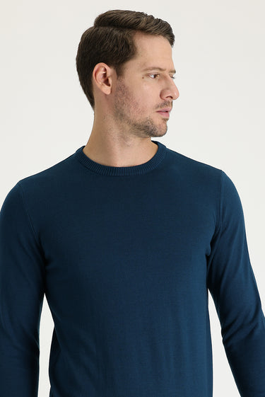 Orta Petrol Bisiklet Yaka Regular Fit Triko Kazak