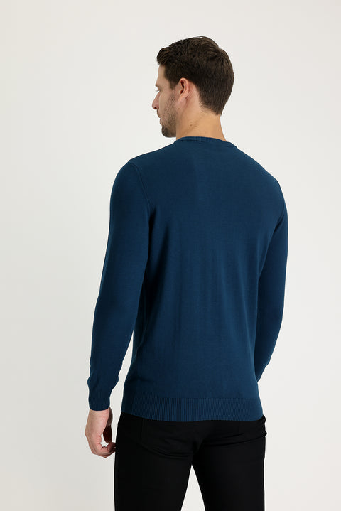 Orta Petrol Bisiklet Yaka Regular Fit Triko Kazak