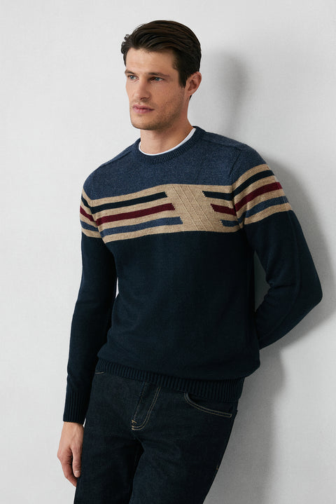 Koyu Lacivert Bisiklet Yaka Slim Fit Dar Kesim Dikişsiz Desenli Triko Kazak