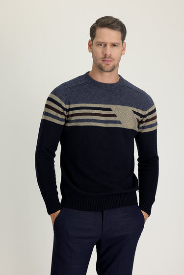 Koyu Lacivert Bisiklet Yaka Slim Fit Dar Kesim Dikişsiz Desenli Triko Kazak