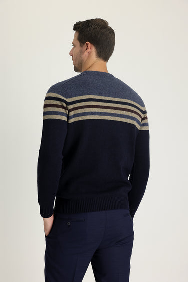 Koyu Lacivert Bisiklet Yaka Slim Fit Dar Kesim Dikişsiz Desenli Triko Kazak