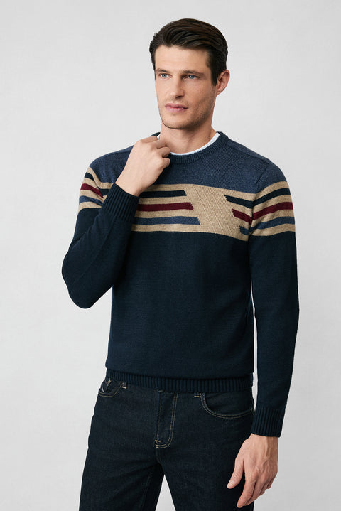 Koyu Lacivert Bisiklet Yaka Slim Fit Dar Kesim Dikişsiz Desenli Triko Kazak