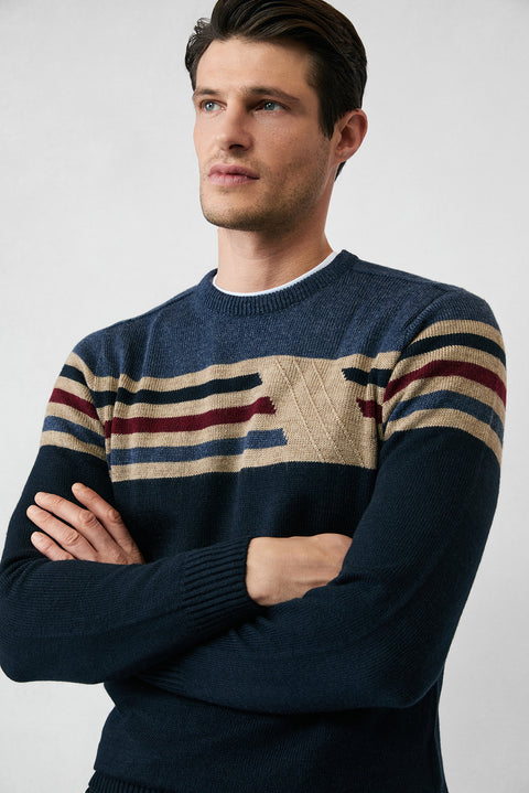 Koyu Lacivert Bisiklet Yaka Slim Fit Dar Kesim Dikişsiz Desenli Triko Kazak