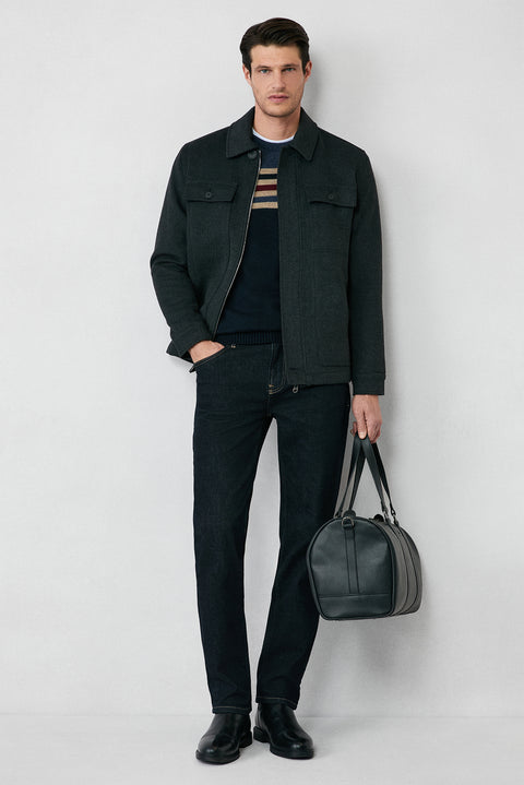 Koyu Lacivert Bisiklet Yaka Slim Fit Dar Kesim Dikişsiz Desenli Triko Kazak