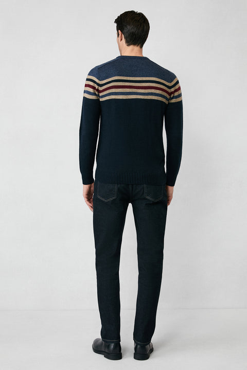 Koyu Lacivert Bisiklet Yaka Slim Fit Dar Kesim Dikişsiz Desenli Triko Kazak