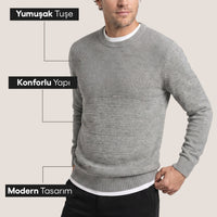 Orta Gri Bisiklet Yaka Slim Fit Dar Kesim Desenli Triko Kazak
