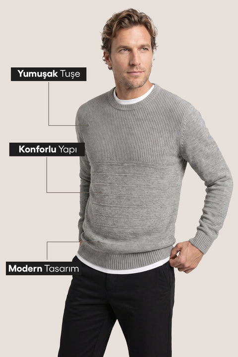 Orta Gri Bisiklet Yaka Slim Fit Dar Kesim Desenli Triko Kazak