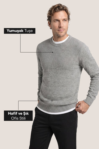  Orta Gri Bisiklet Yaka Slim Fit Dar Kesim Desenli Triko Kazak
