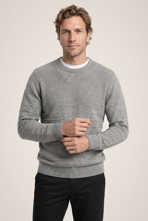 Orta Gri Bisiklet Yaka Slim Fit Dar Kesim Desenli Triko Kazak