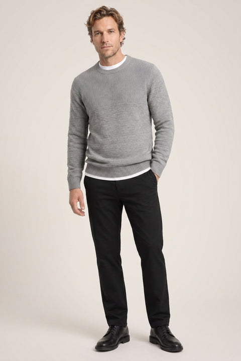 Medium Grey Crew Neck Slim Fit Narrow Cut Patterned Knit Sweater