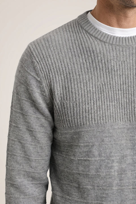 Orta Gri Bisiklet Yaka Slim Fit Dar Kesim Desenli Triko Kazak