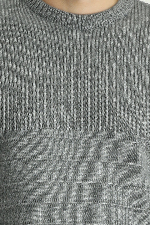 Orta Gri Bisiklet Yaka Slim Fit Dar Kesim Desenli Triko Kazak