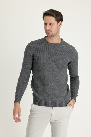  Orta Füme Bisiklet Yaka Slim Fit Dar Kesim Desenli Triko Kazak