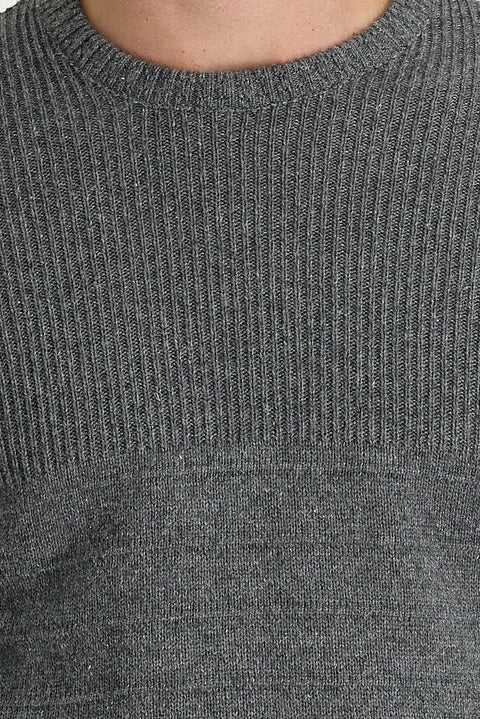 Orta Füme Bisiklet Yaka Slim Fit Dar Kesim Desenli Triko Kazak