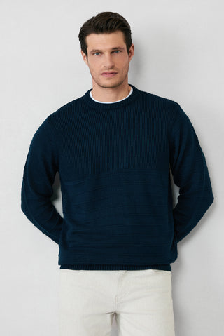  Orta Lacivert Bisiklet Yaka Slim Fit Dar Kesim Desenli Triko Kazak