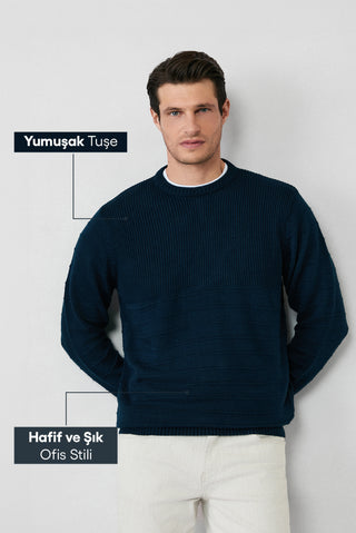  Orta Lacivert Bisiklet Yaka Slim Fit Dar Kesim Desenli Triko Kazak