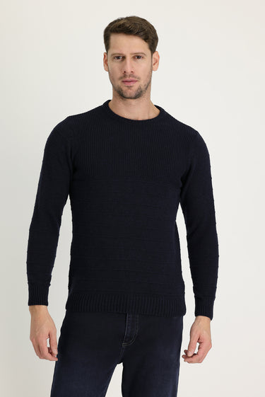  Orta Lacivert Bisiklet Yaka Slim Fit Dar Kesim Desenli Triko Kazak