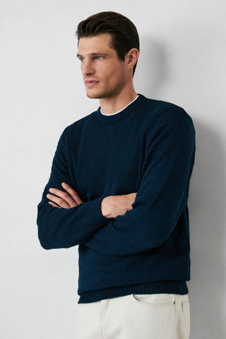  Orta Lacivert Bisiklet Yaka Slim Fit Dar Kesim Desenli Triko Kazak