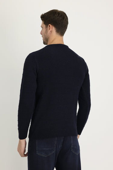 Orta Lacivert Bisiklet Yaka Slim Fit Dar Kesim Desenli Triko Kazak