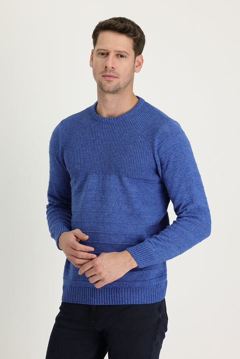 Saks Mavi Bisiklet Yaka Slim Fit Dar Kesim Desenli Triko Kazak