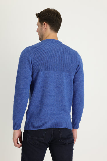 Saks Mavi Bisiklet Yaka Slim Fit Dar Kesim Desenli Triko Kazak