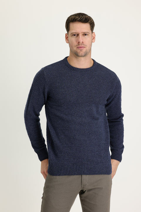 İndigo Bisiklet Yaka Slim Fit Dar Kesim Desenli Triko Kazak