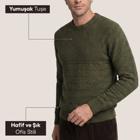 Orta Haki Bisiklet Yaka Slim Fit Dar Kesim Desenli Triko Kazak