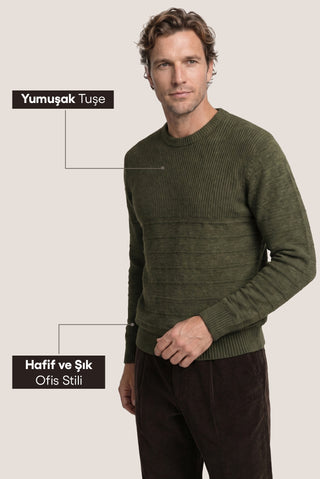  Orta Haki Bisiklet Yaka Slim Fit Dar Kesim Desenli Triko Kazak