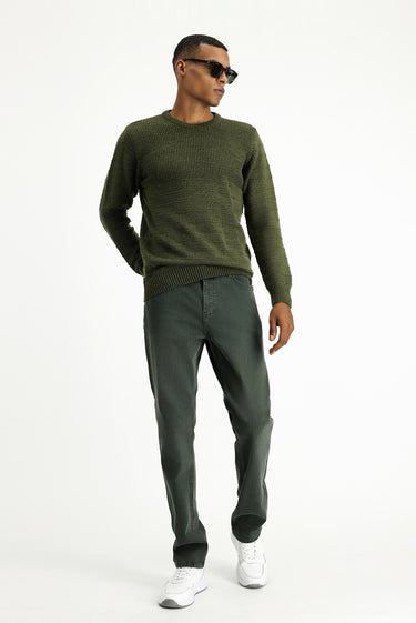  Orta Haki Bisiklet Yaka Slim Fit Dar Kesim Desenli Triko Kazak