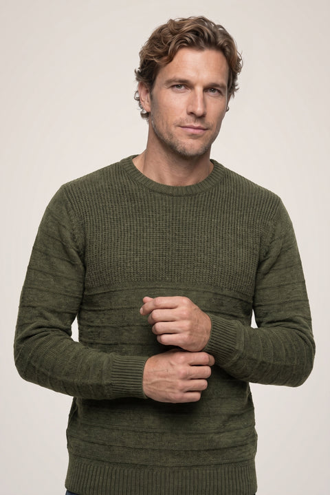 Medium Khaki Crew Neck Slim Fit Narrow Cut Patterned Knit Sweater
