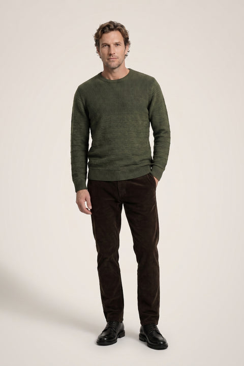 Medium Khaki Crew Neck Slim Fit Narrow Cut Patterned Knit Sweater