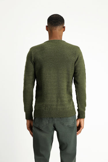 Orta Haki Bisiklet Yaka Slim Fit Dar Kesim Desenli Triko Kazak