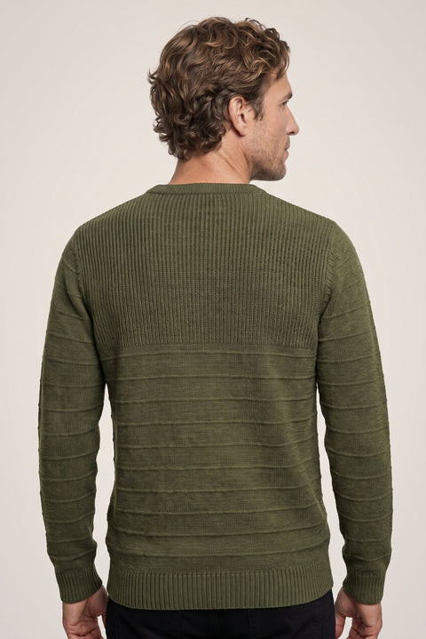 Medium Khaki Crew Neck Slim Fit Narrow Cut Patterned Knit Sweater
