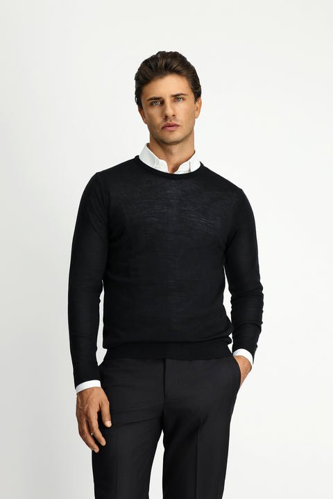 Black Crew Neck Regular Fit Wool Knit Sweater