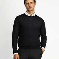Siyah Bisiklet Yaka Regular Fit Yünlü Triko Kazak