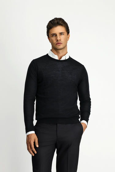 Siyah Bisiklet Yaka Regular Fit Yünlü Triko Kazak