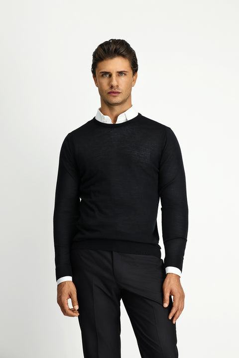 Siyah Bisiklet Yaka Regular Fit Yünlü Triko Kazak