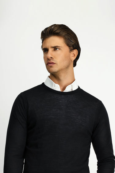 Siyah Bisiklet Yaka Regular Fit Yünlü Triko Kazak