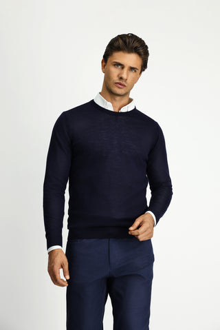  Koyu Lacivert Bisiklet Yaka Regular Fit Yünlü Triko Kazak