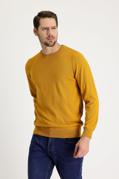 Koyu Sarı Bisiklet Yaka Regular Fit Triko Kazak