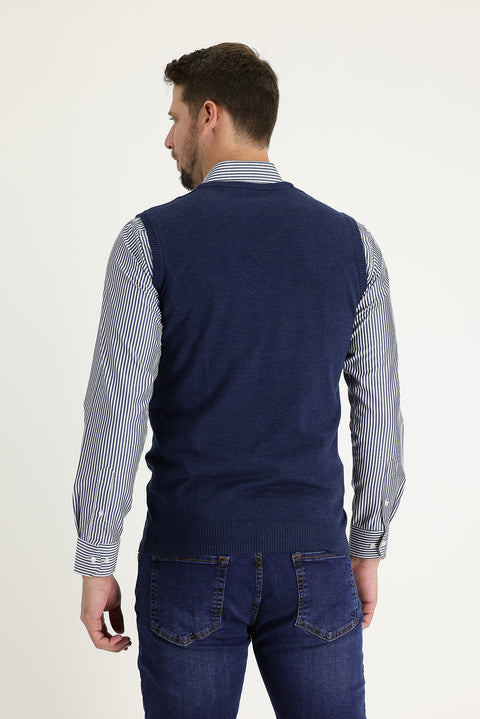 Orta Lacivert Melanj V Yaka Triko Süveter