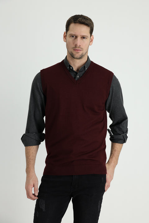 Koyu Bordo V Yaka Pamuklu Triko Süveter