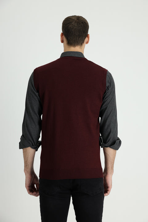 Koyu Bordo V Yaka Pamuklu Triko Süveter