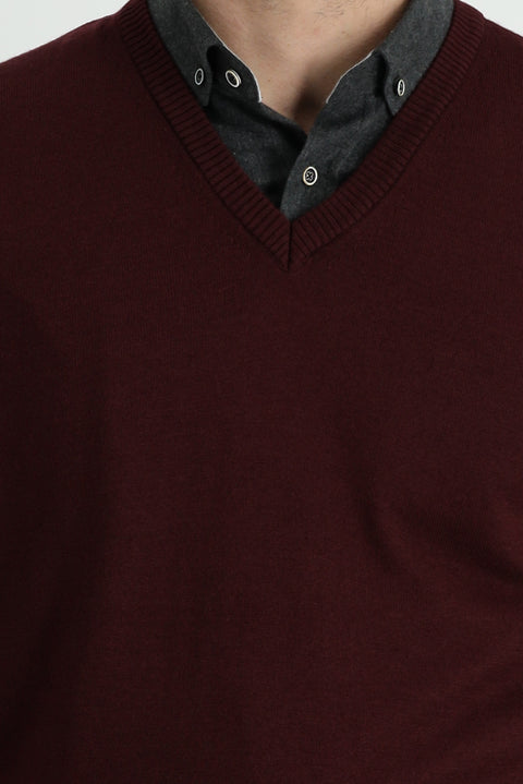 Koyu Bordo V Yaka Pamuklu Triko Süveter