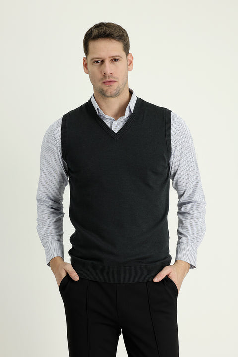 Koyu Antrasit V Yaka Triko Süveter