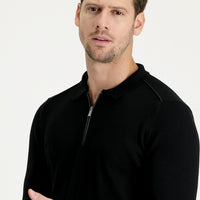 Siyah Polo Yaka Slim Fit Dar Kesim Fermuarlı Desenli Pamuklu Triko Kazak